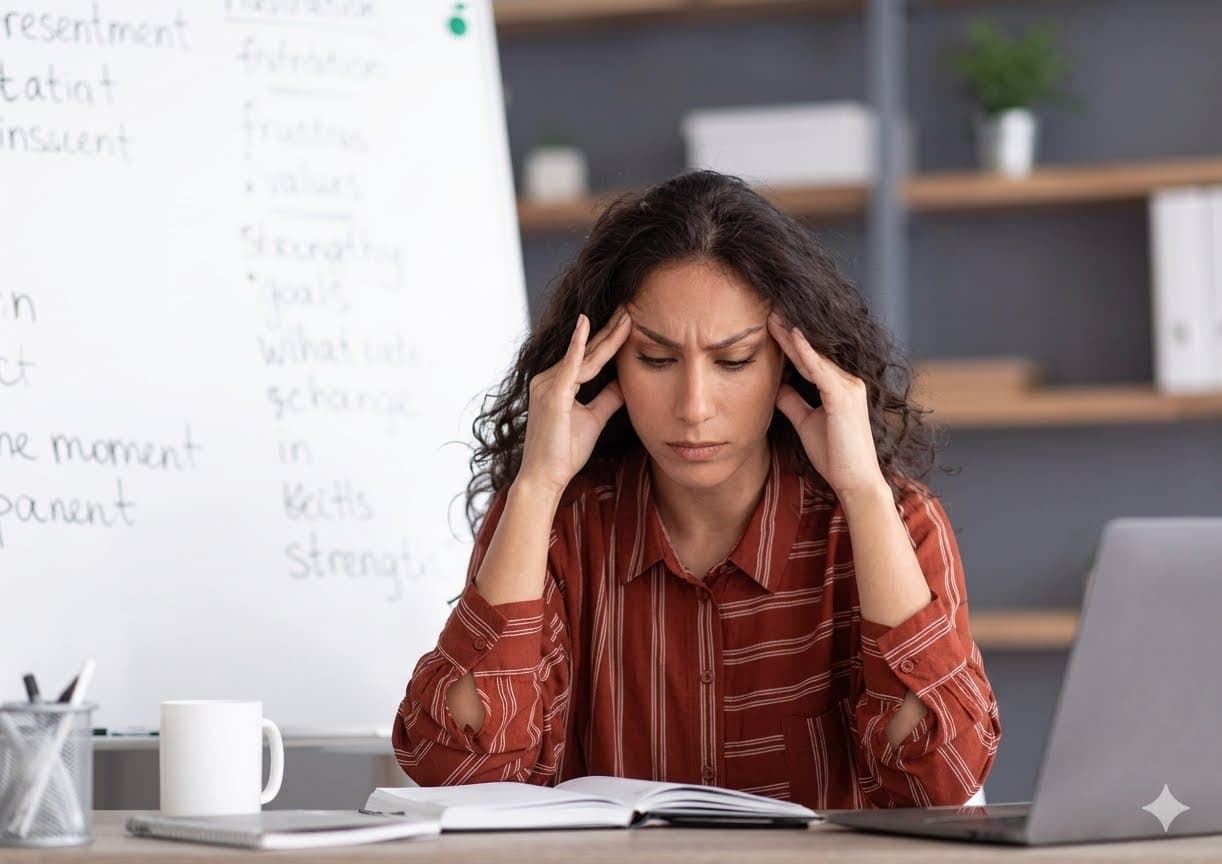 A teacher sitting at her desk with her head in her hands.